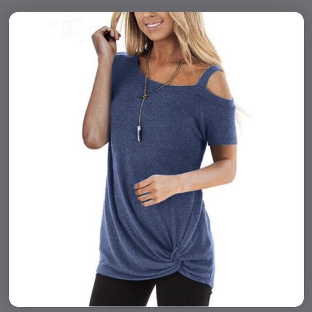 Knotted Skew Neck Short Sleeve Tee, Blue